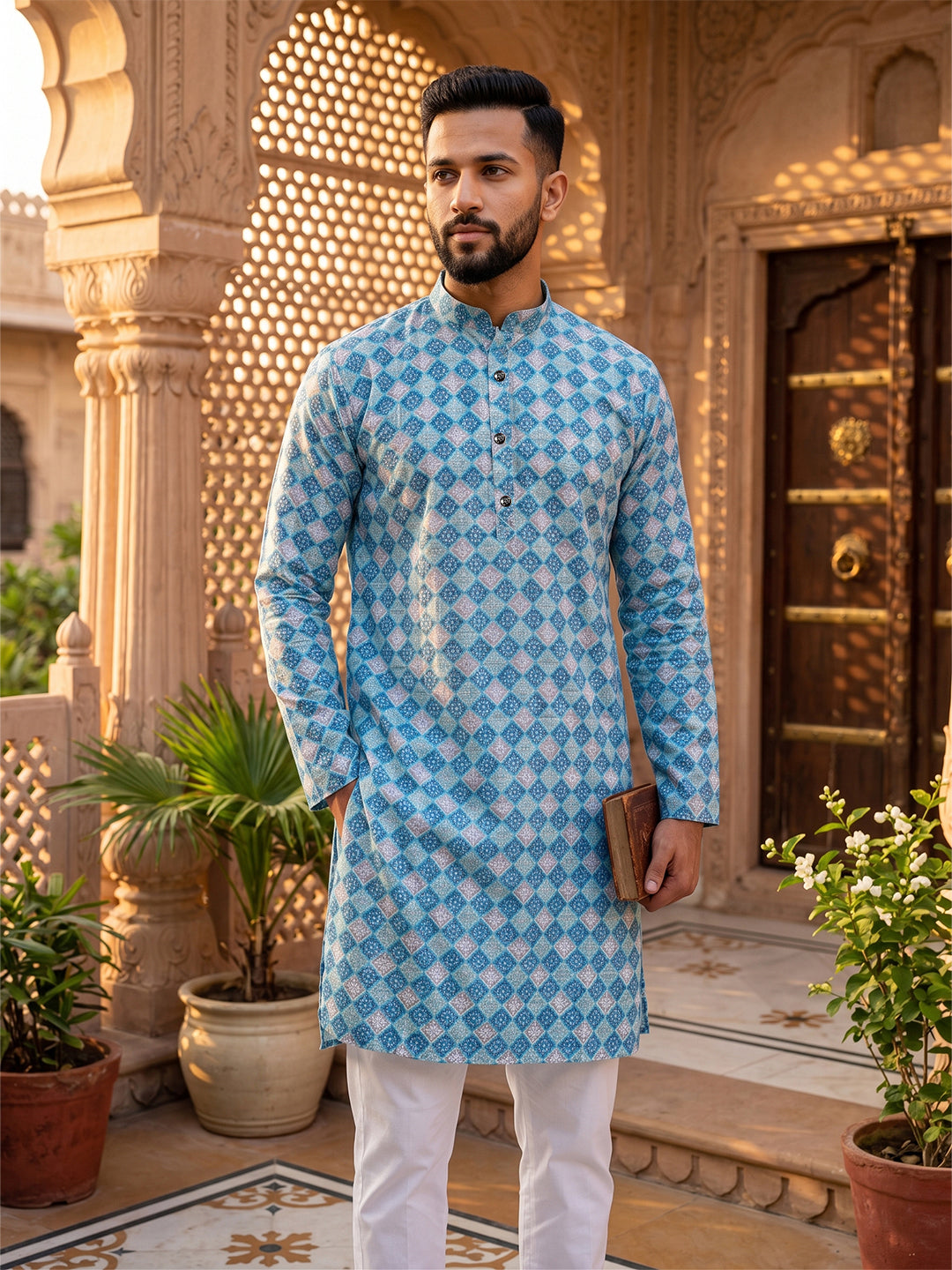RAY LIGHT Men's Premium Crochet Fabric Geometric Long Kurta – Light Orange