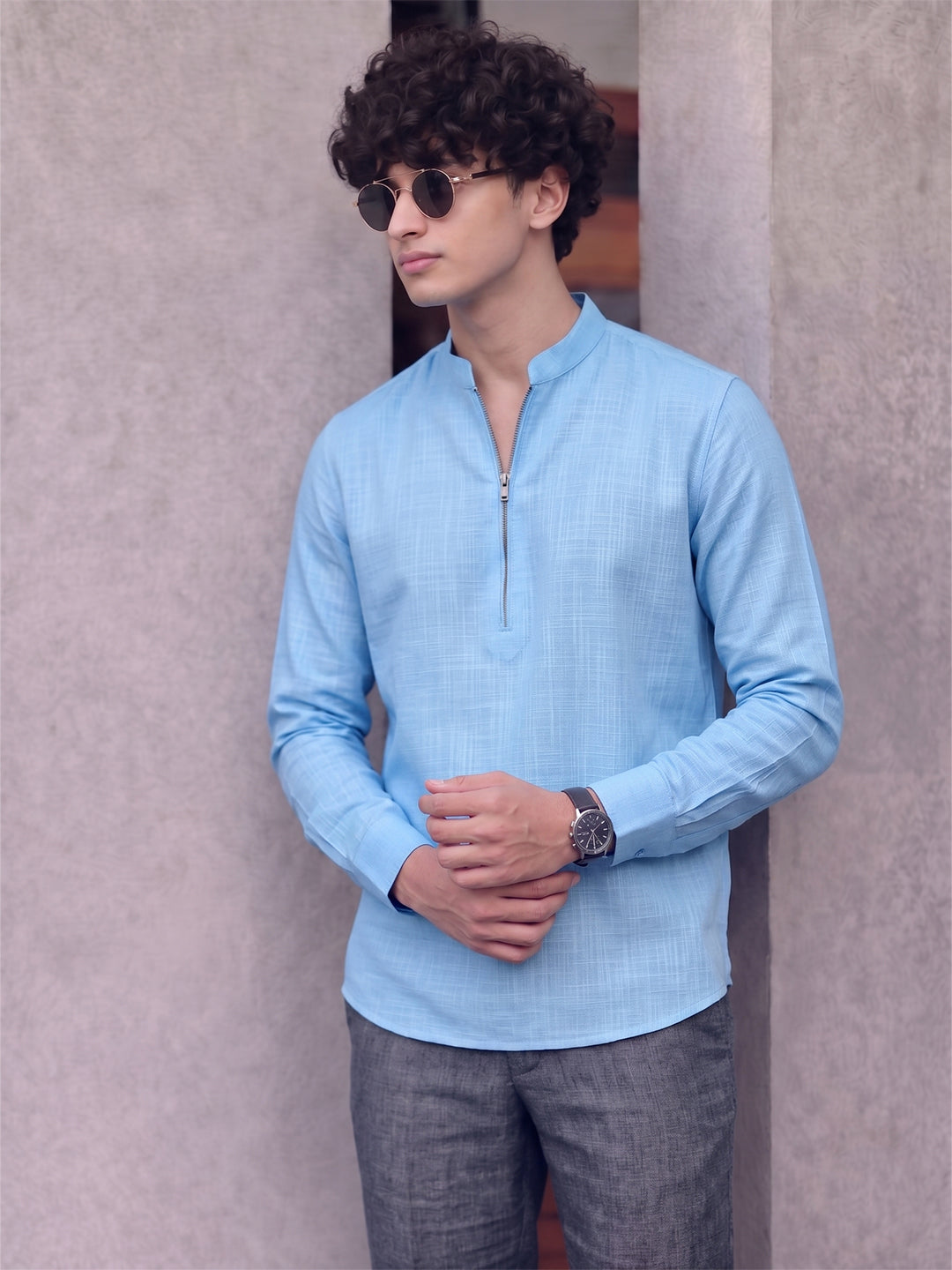 RAY LIGHT Men's Modern Zip-Neck Solid Cotton Short Kurta – Mustard Yellow