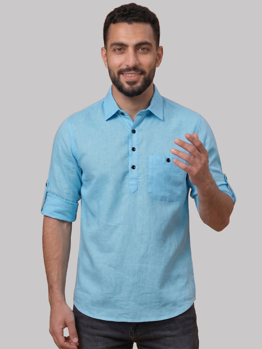 RAY LIGHT Men's Essential Solid Cotton Short Kurta – Sky Blue with Roll-Up Sleeves