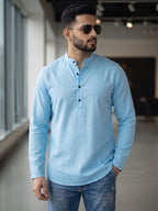 RAY LIGHT Men's Essential Solid Cotton Short Kurta – Royal Blue with Cuffless Sleeves
