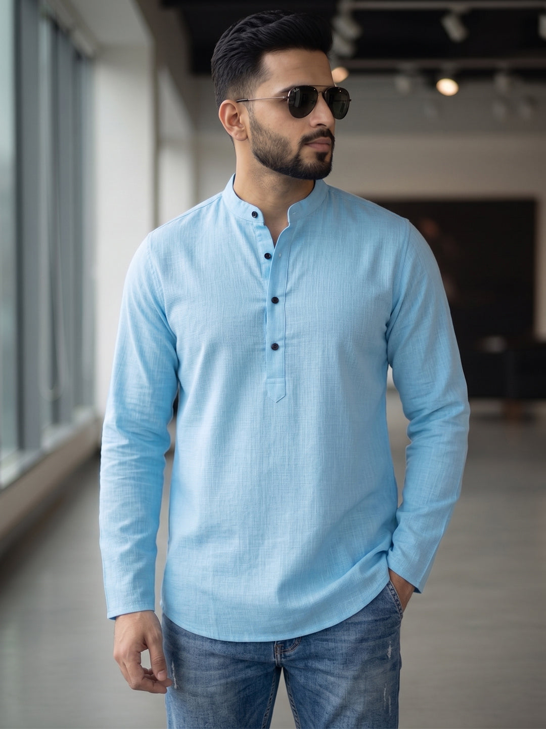 RAY LIGHT Men's Essential Solid Cotton Short Kurta – Royal Blue with Cuffless Sleeves