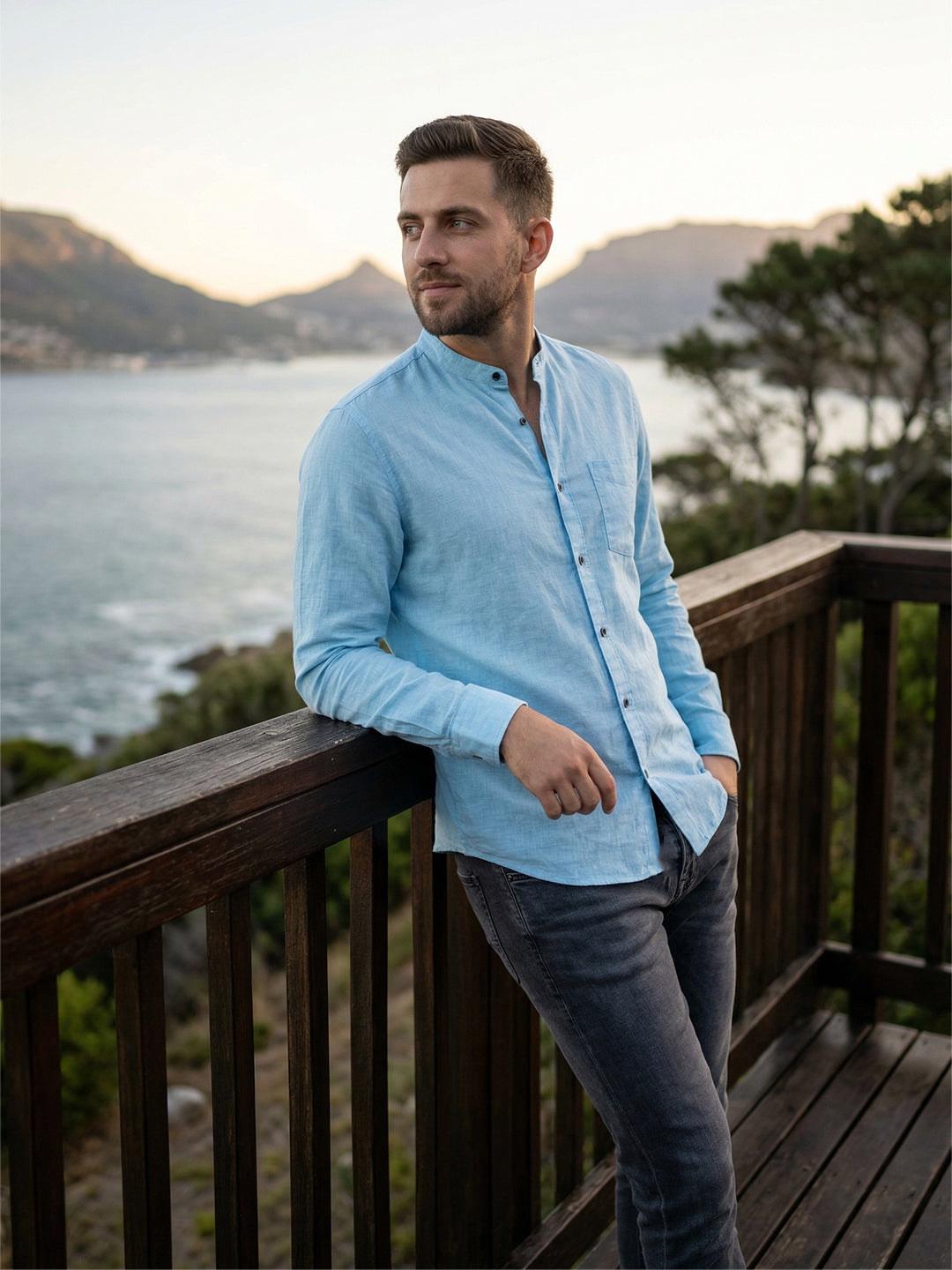 RAY LIGHT Men's Minimalist Solid Casual Shirt – Chinese Collar & Functional Chest Pocket Main image