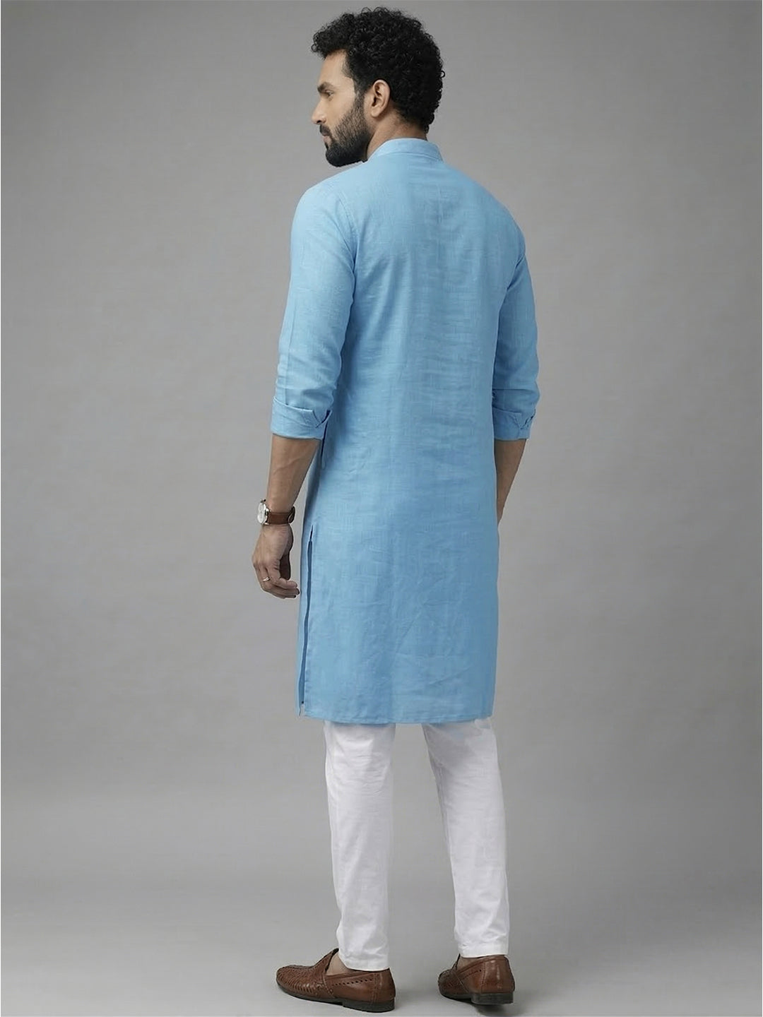 RAY LIGHT Men's 100% Cotton Solid Long Kurta with Mandarin Collar