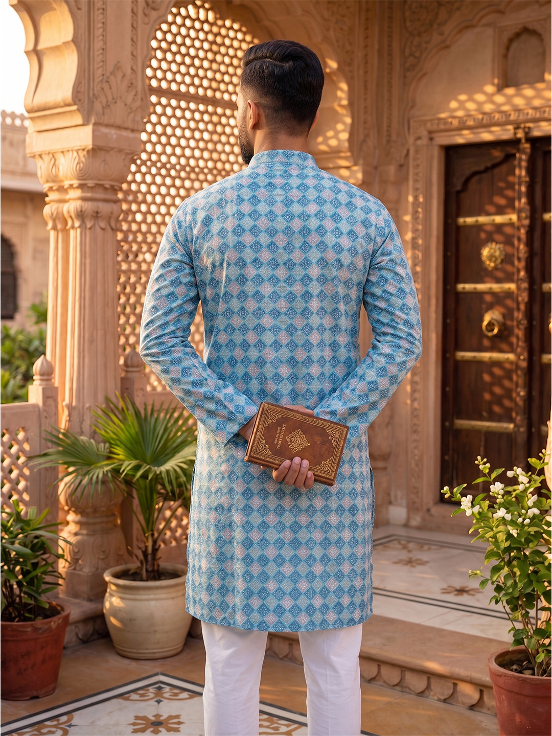 RAY LIGHT Men's Premium Crochet Fabric Geometric Long Kurta – Light Orange