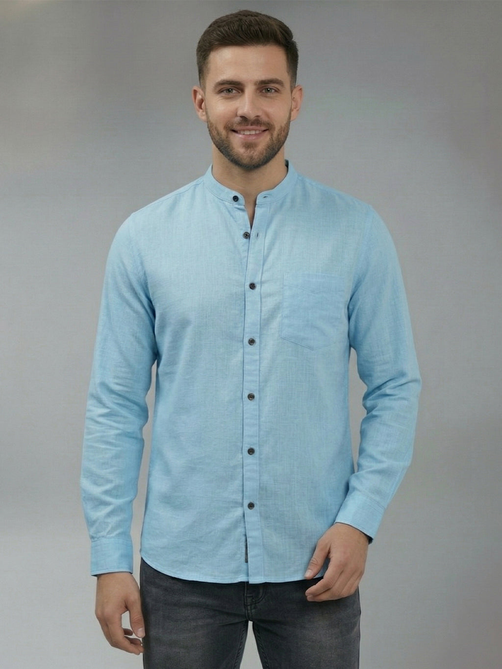RAY LIGHT Men's Minimalist Solid Casual Shirt – Chinese Collar & Functional Chest Pocket