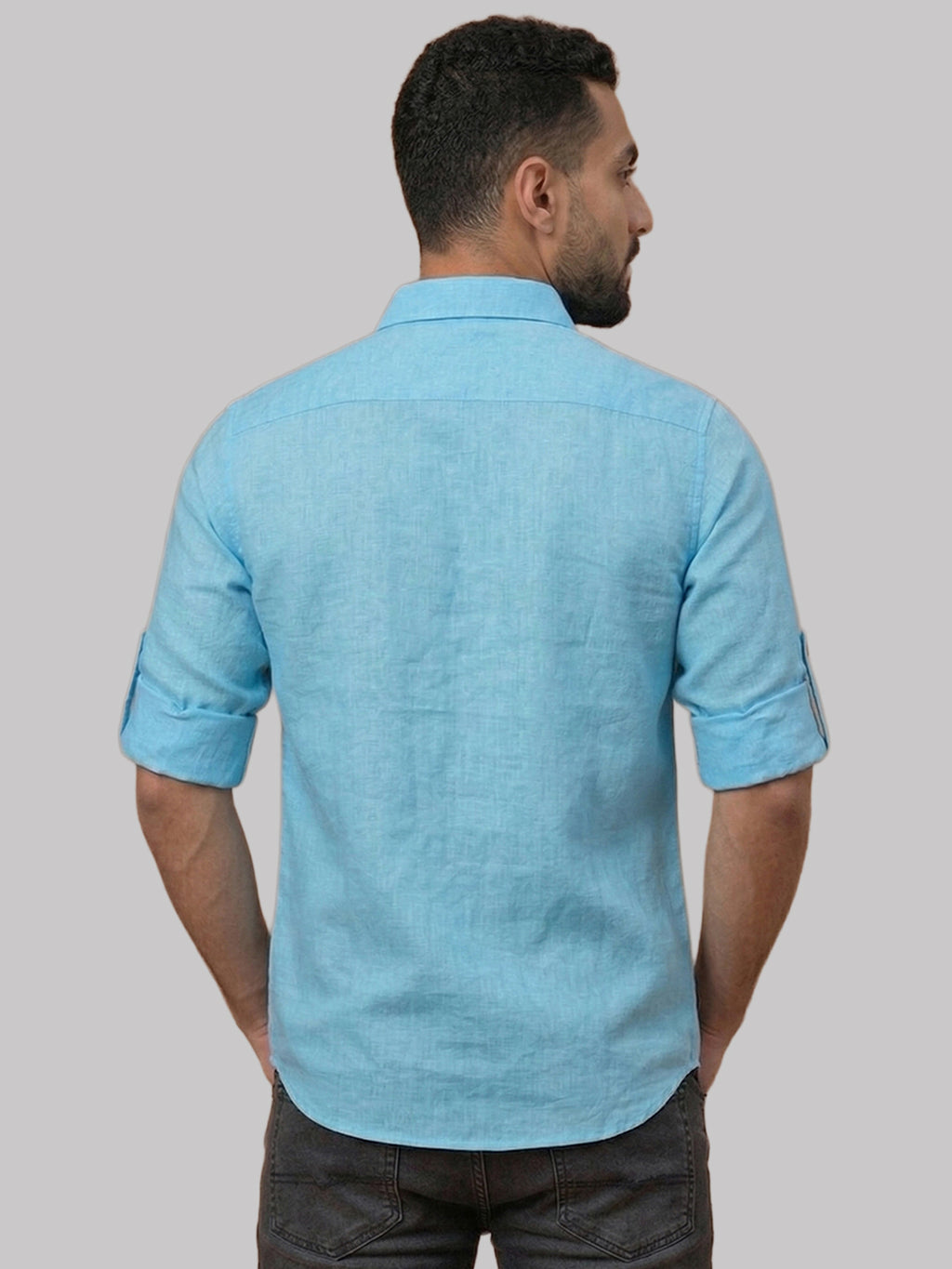 RAY LIGHT Men's Essential Solid Cotton Short Kurta – Sky Blue with Roll-Up Sleeves