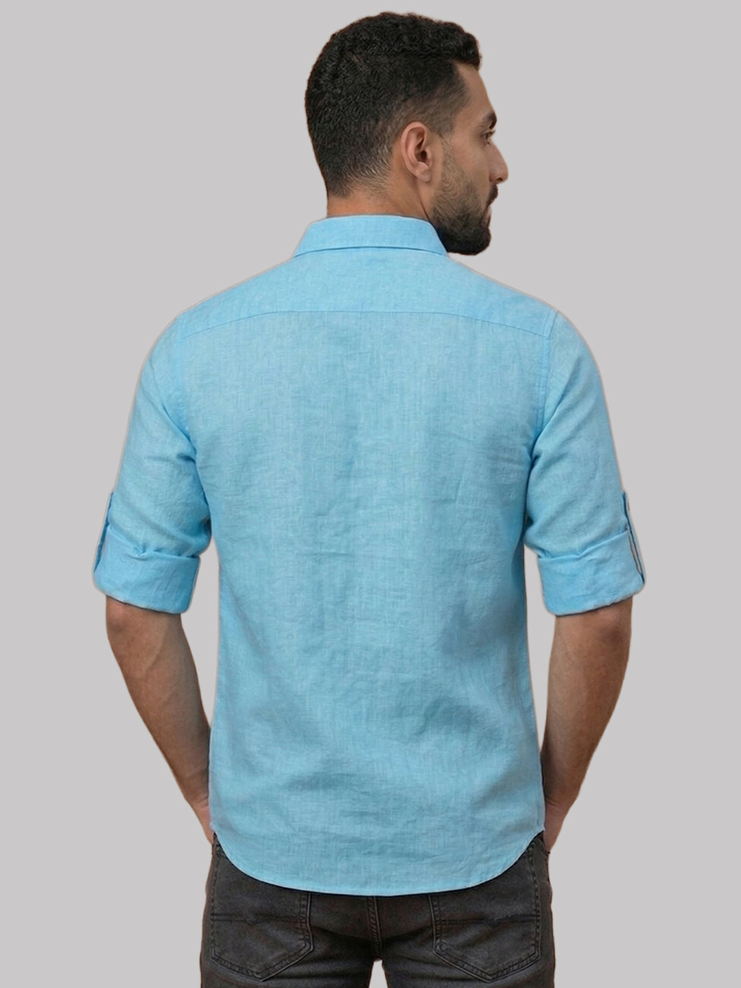 RAY LIGHT Men's Essential Solid Cotton Short Kurta – Sky Blue with Roll-Up Sleeves