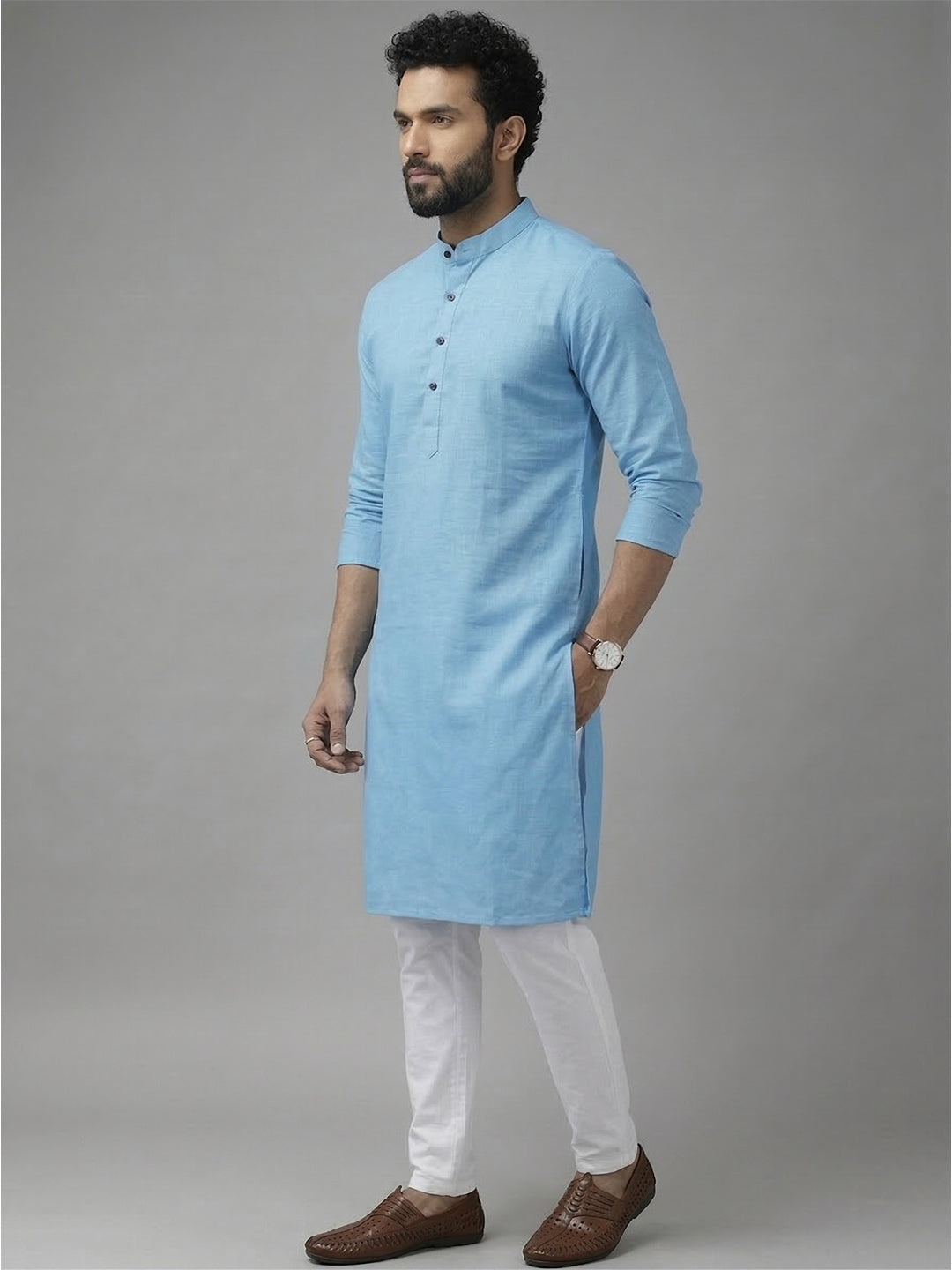 RAY LIGHT Men's Classic Solid Cotton Long Kurta – Dark Green with Dual Side Pockets