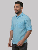 RAY LIGHT Men's Essential Solid Cotton Short Kurta – Sky Blue with Roll-Up Sleeves