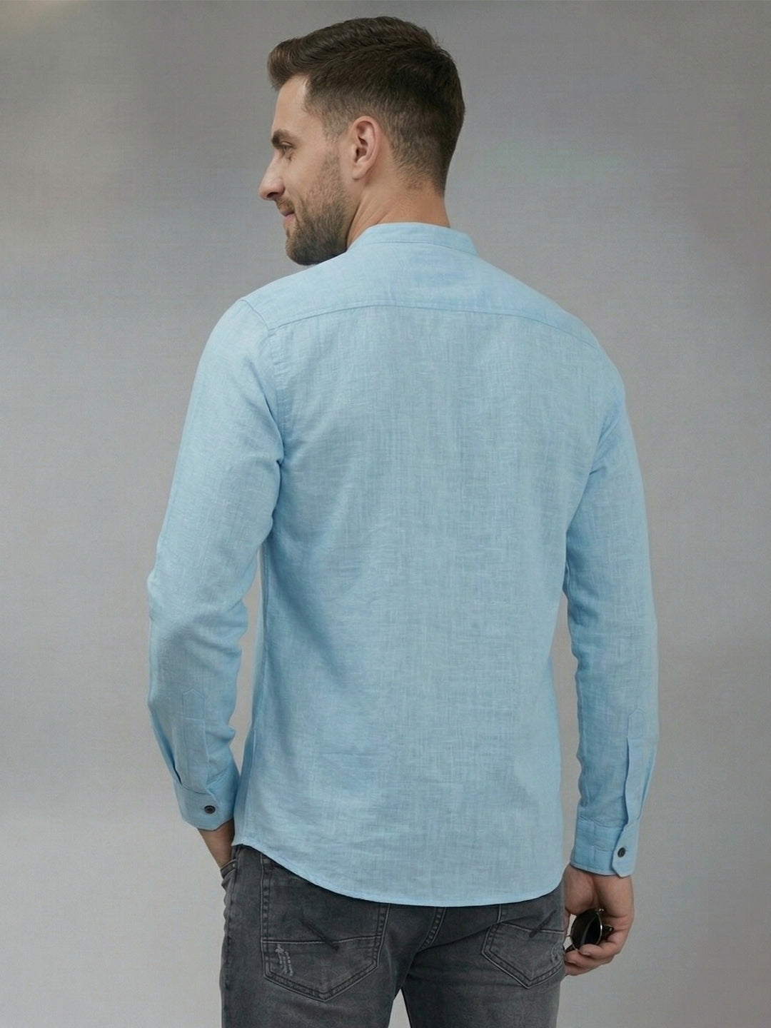 RAY LIGHT Men's Minimalist Solid Casual Shirt – Chinese Collar & Functional Chest Pocket
