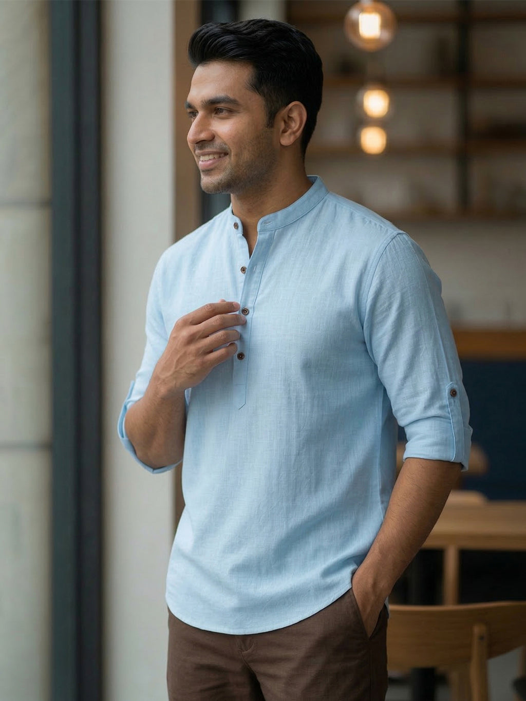 RAY LIGHT Men's Royal Blue 100% Cotton Solid Short Kurta – Mandarin Collar with Versatile Roll-Up Sleeves