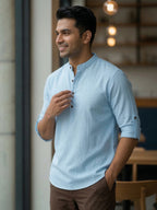 RAY LIGHT Men's Royal Blue 100% Cotton Solid Short Kurta – Mandarin Collar with Versatile Roll-Up Sleeves