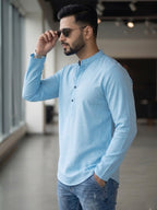 RAY LIGHT Men's Essential Solid Cotton Short Kurta – Royal Blue with Cuffless Sleeves
