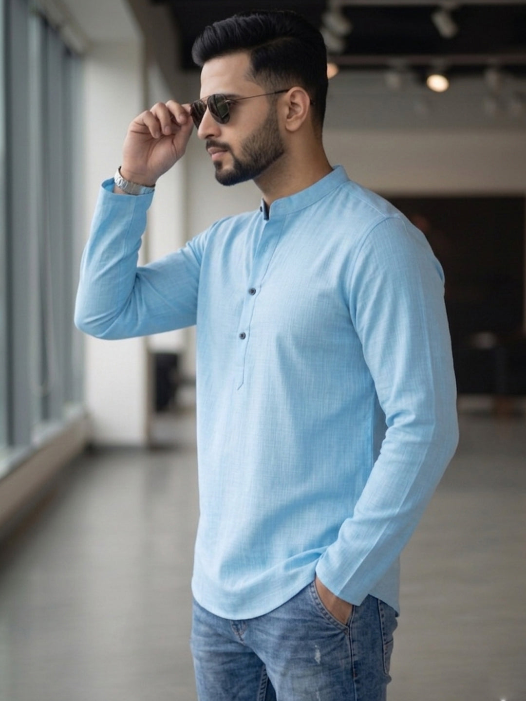 RAY LIGHT Men's Essential Solid Cotton Short Kurta – Royal Blue with Cuffless Sleeves