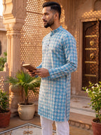 RAY LIGHT Men's Premium Crochet Fabric Geometric Long Kurta – Light Orange