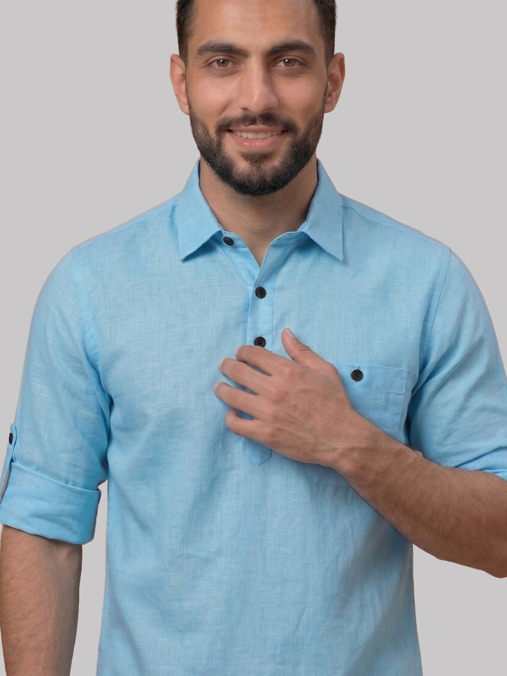 RAY LIGHT Men's Essential Solid Cotton Short Kurta – Sky Blue with Roll-Up Sleeves