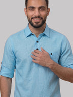 RAY LIGHT Men's Essential Solid Cotton Short Kurta – Sky Blue with Roll-Up Sleeves