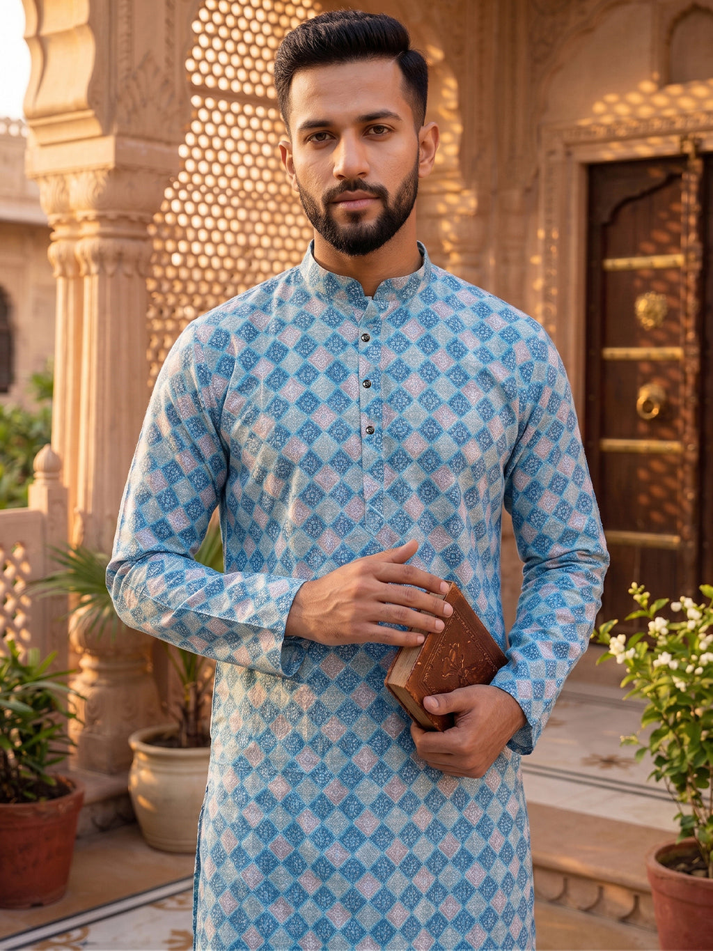 RAY LIGHT Men's Premium Crochet Fabric Geometric Long Kurta – Light Orange