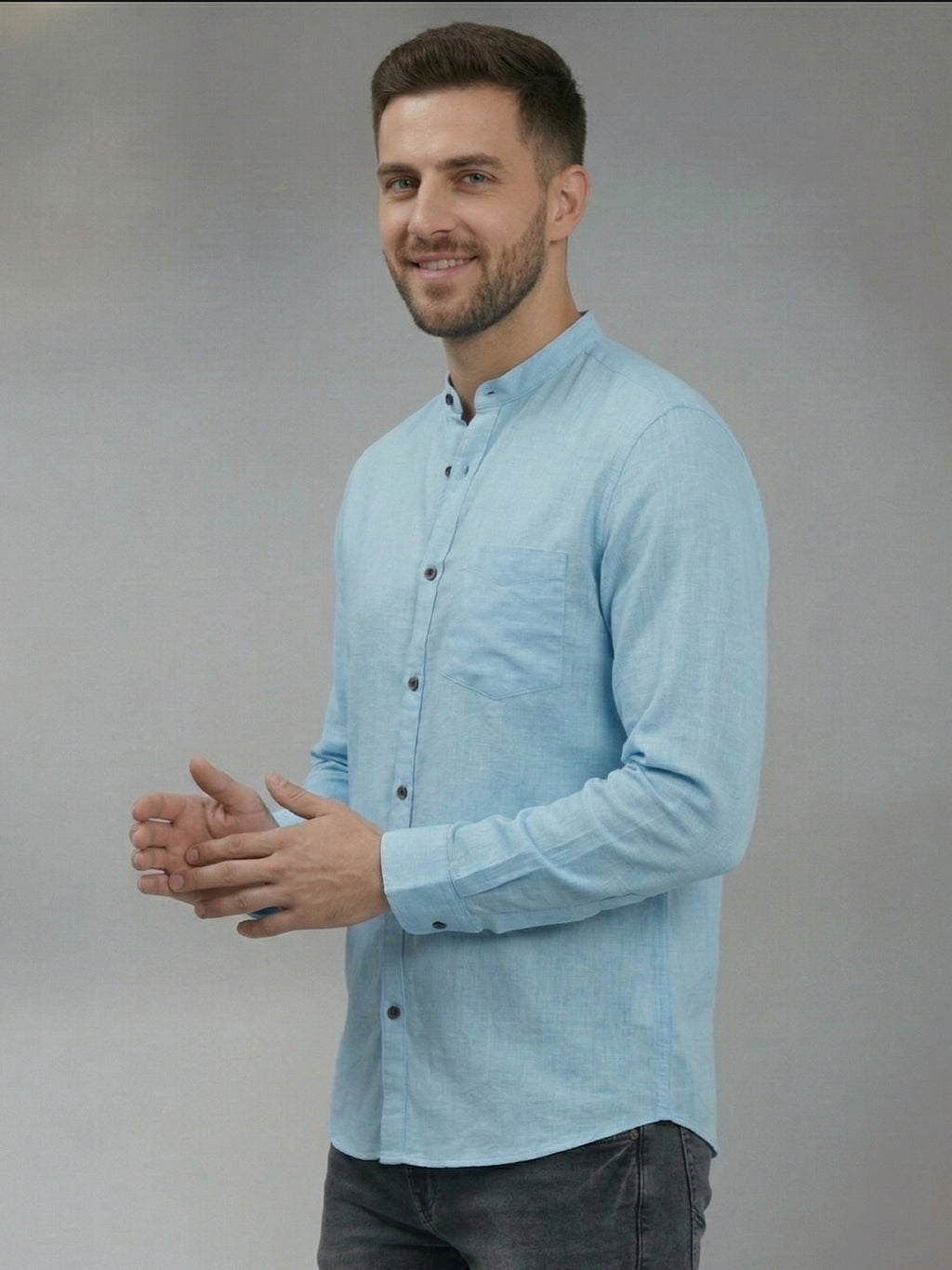 RAY LIGHT Men's Minimalist Solid Casual Shirt – Chinese Collar & Functional Chest Pocket