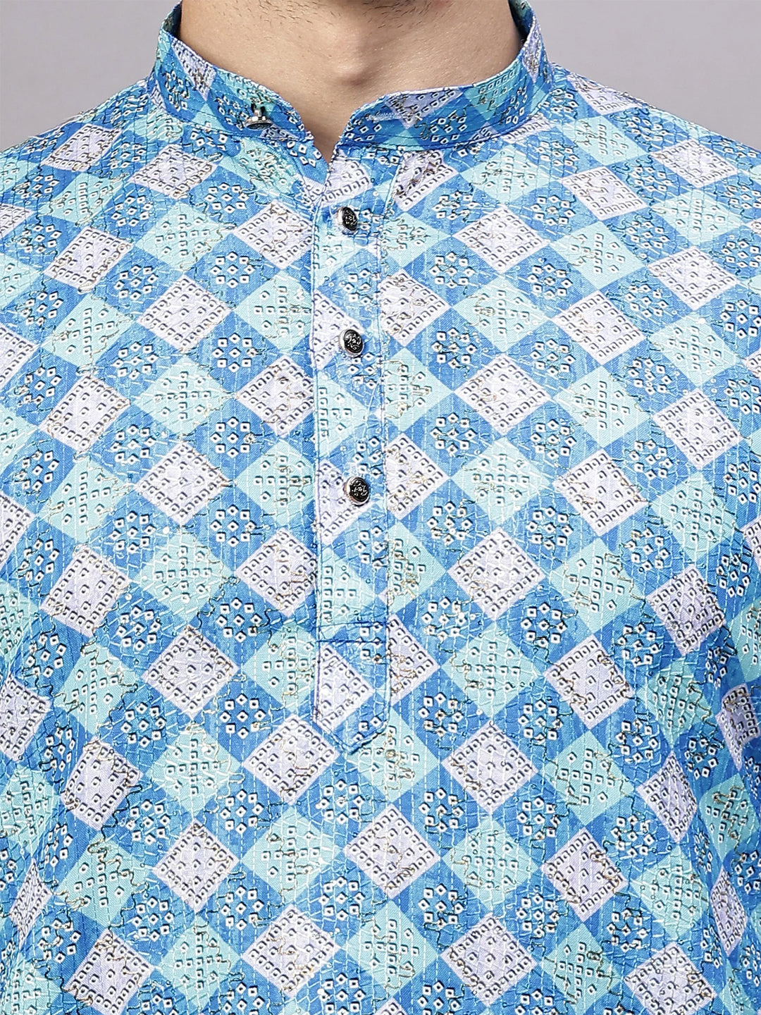 RAY LIGHT Men's Premium Crochet Fabric Geometric Long Kurta – Light Orange