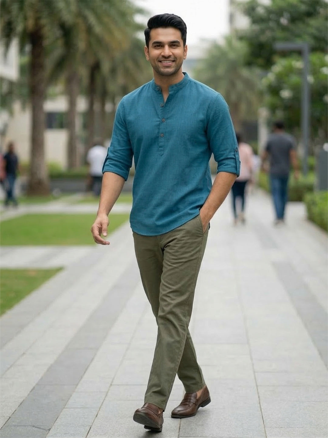 RAY LIGHT Men's Royal Blue 100% Cotton Solid Short Kurta – Mandarin Collar with Versatile Roll-Up Sleeves