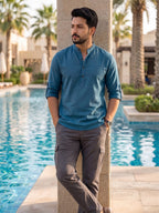 RAY LIGHT Men's Contemporary 100% Cotton Solid Short Kurta – Mandarin Collar with Roll-Up Sleeves