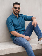 RAY LIGHT Men's Essential Solid Cotton Short Kurta – Sky Blue with Roll-Up Sleeves