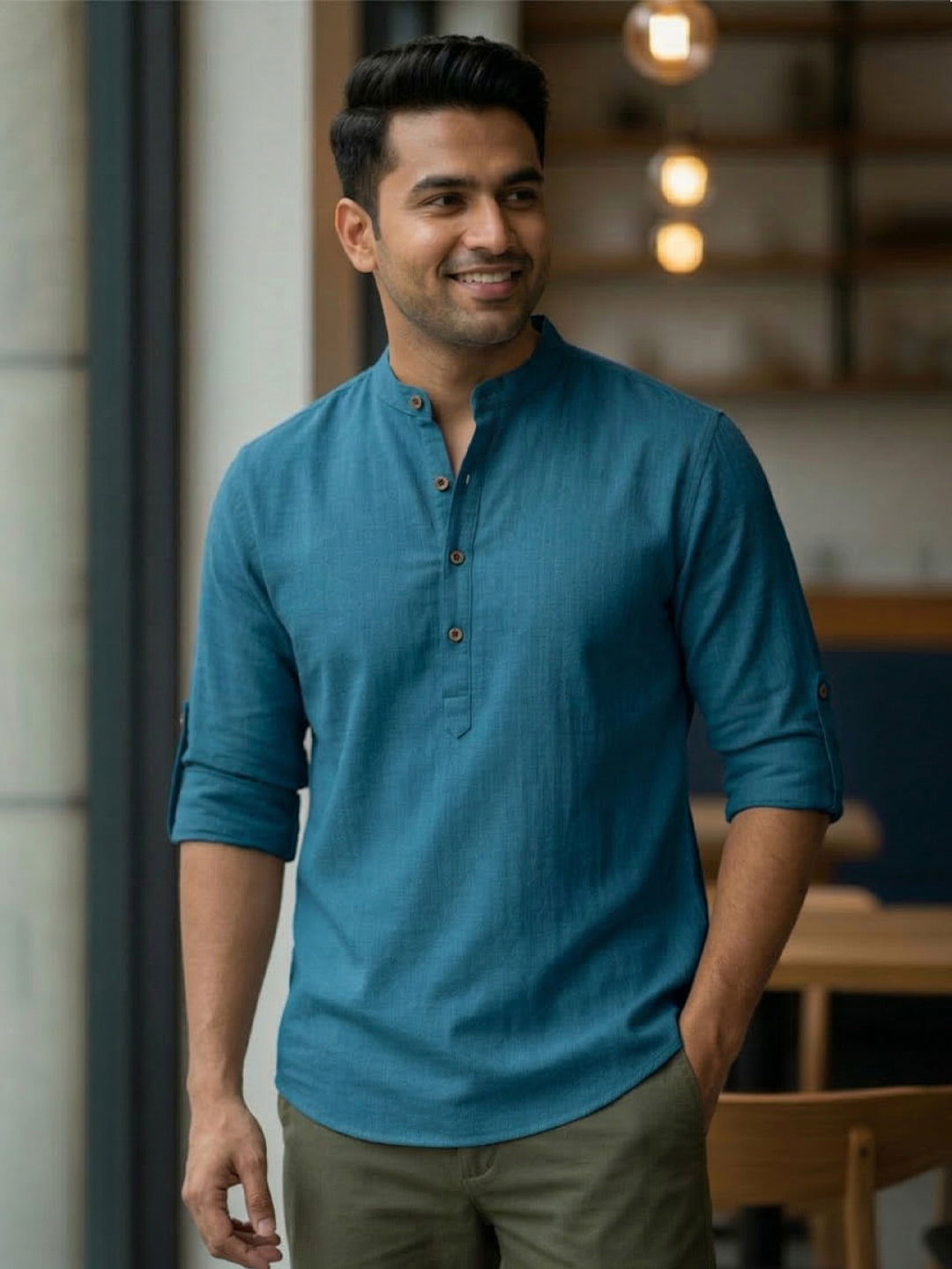 RAY LIGHT Men's Royal Blue 100% Cotton Solid Short Kurta – Mandarin Collar with Versatile Roll-Up Sleeves