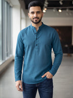 RAY LIGHT Men's Essential Solid Cotton Short Kurta – Royal Blue with Cuffless Sleeves