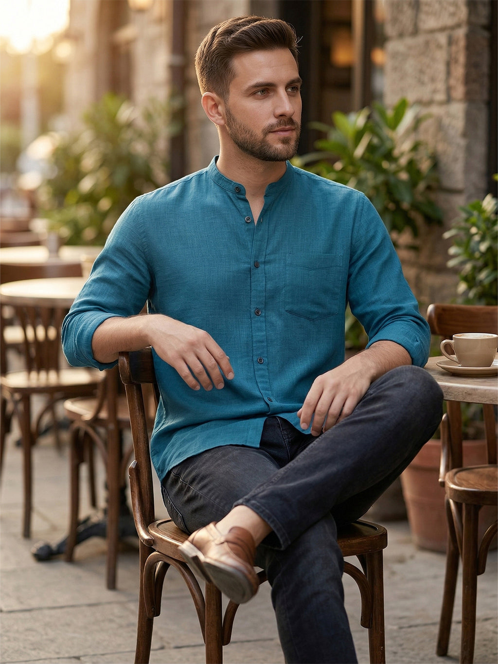 RAY LIGHT Men's Minimalist Solid Casual Shirt – Chinese Collar & Functional Chest Pocket