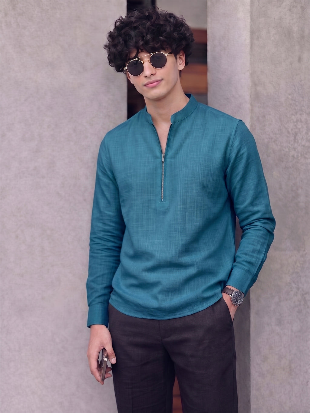 RAY LIGHT Men's Modern Zip-Neck Solid Cotton Short Kurta – Mustard Yellow