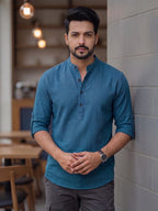 RAY LIGHT Men's Contemporary 100% Cotton Solid Short Kurta – Mandarin Collar with Roll-Up Sleeves