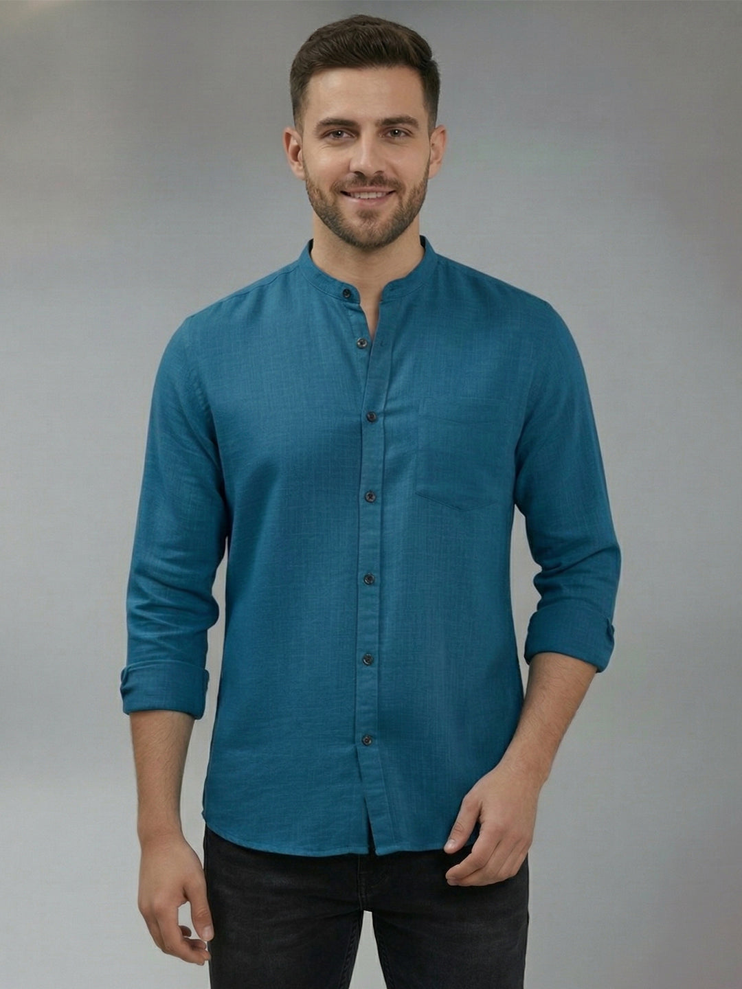 RAY LIGHT Men's Minimalist Solid Casual Shirt – Chinese Collar & Functional Chest Pocket