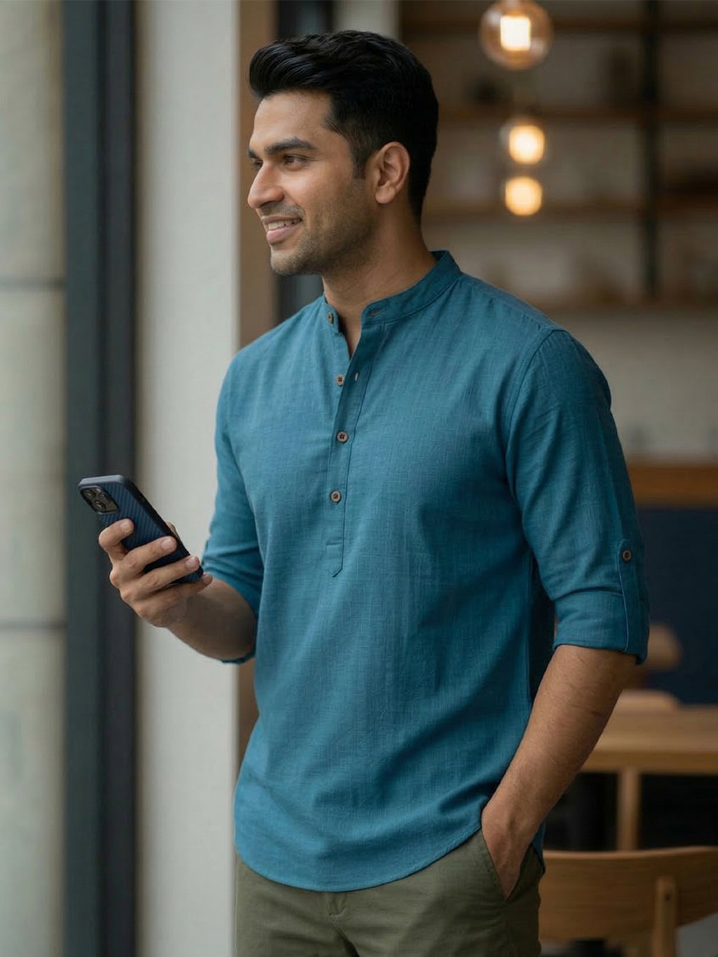 RAY LIGHT Men's Royal Blue 100% Cotton Solid Short Kurta – Mandarin Collar with Versatile Roll-Up Sleeves