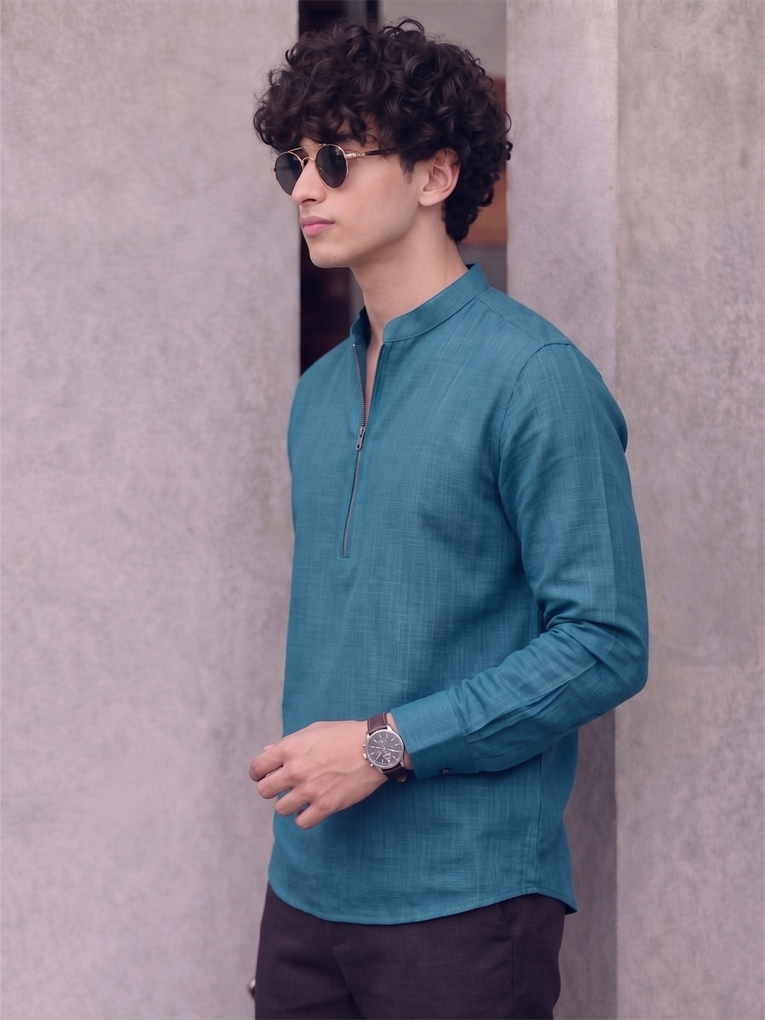 RAY LIGHT Men's Modern Zip-Neck Solid Cotton Short Kurta – Mustard Yellow