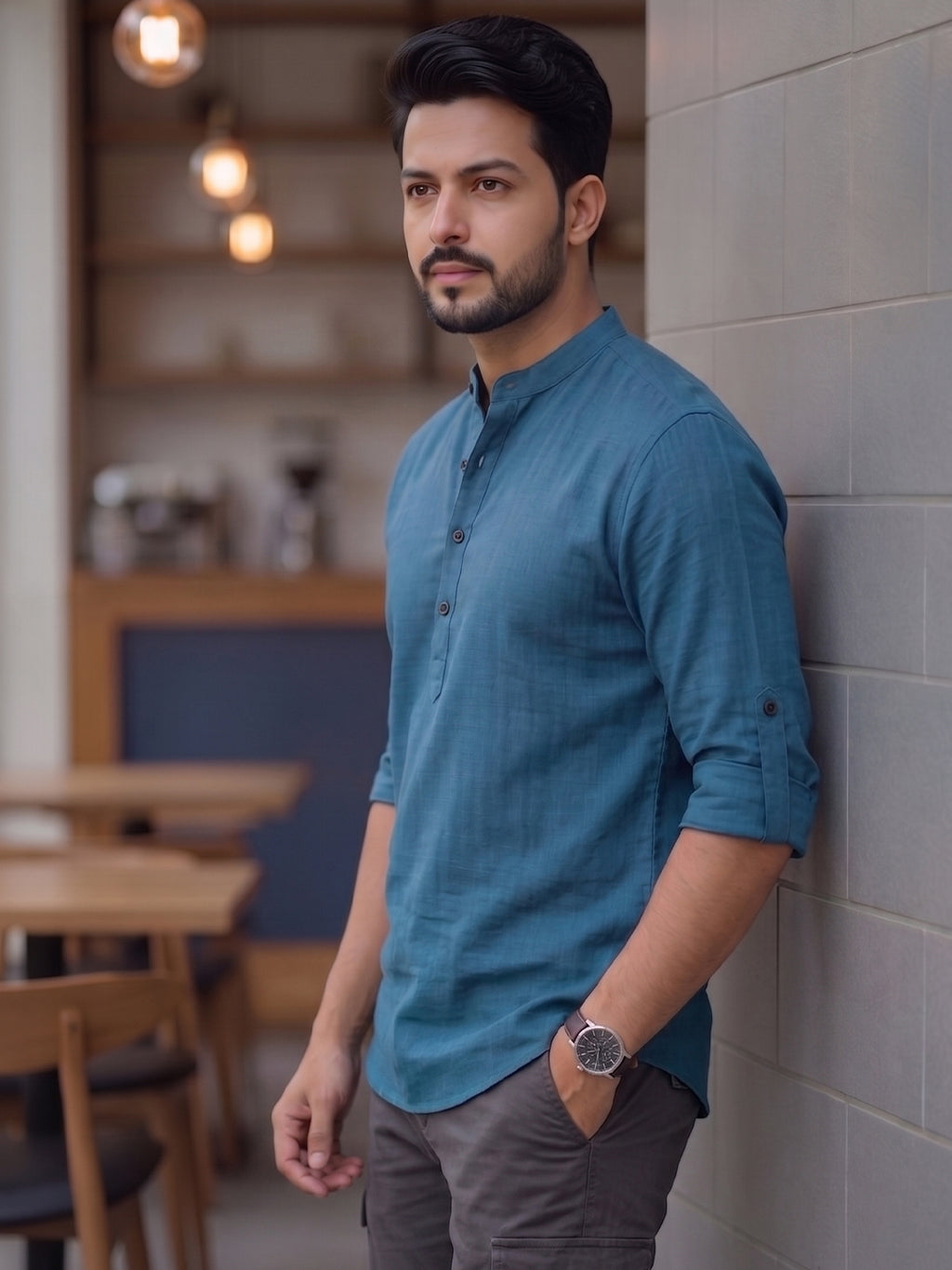 RAY LIGHT Men's Contemporary 100% Cotton Solid Short Kurta – Mandarin Collar with Roll-Up Sleeves