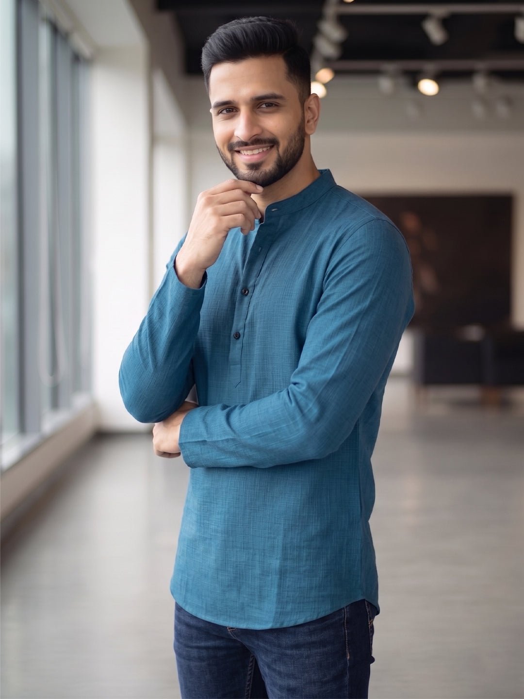 RAY LIGHT Men's Essential Solid Cotton Short Kurta – Royal Blue with Cuffless Sleeves