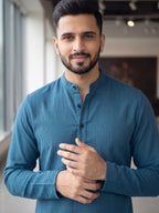 RAY LIGHT Men's Essential Solid Cotton Short Kurta – Royal Blue with Cuffless Sleeves