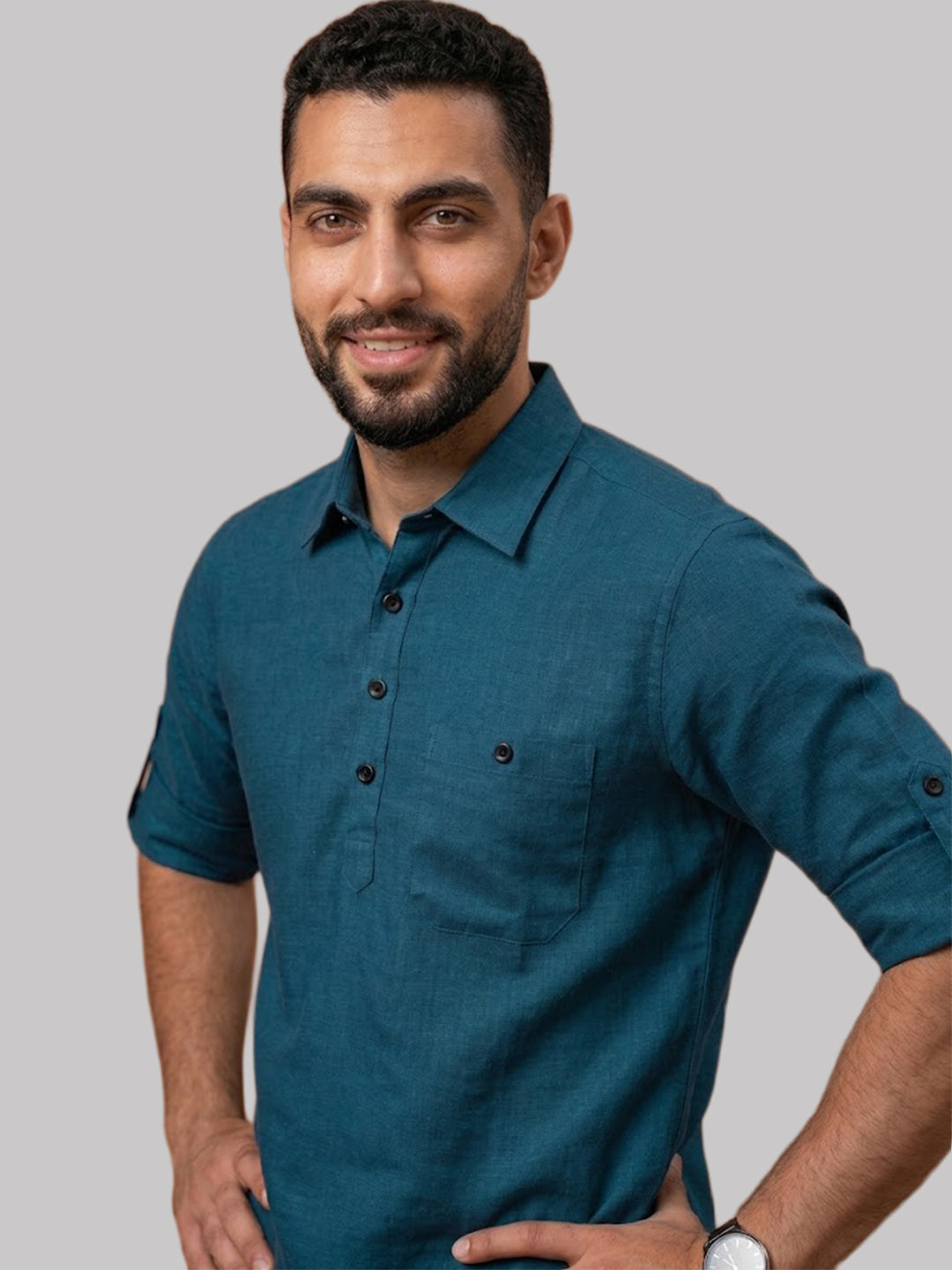 RAY LIGHT Men's Essential Solid Cotton Short Kurta – Sky Blue with Roll-Up Sleeves