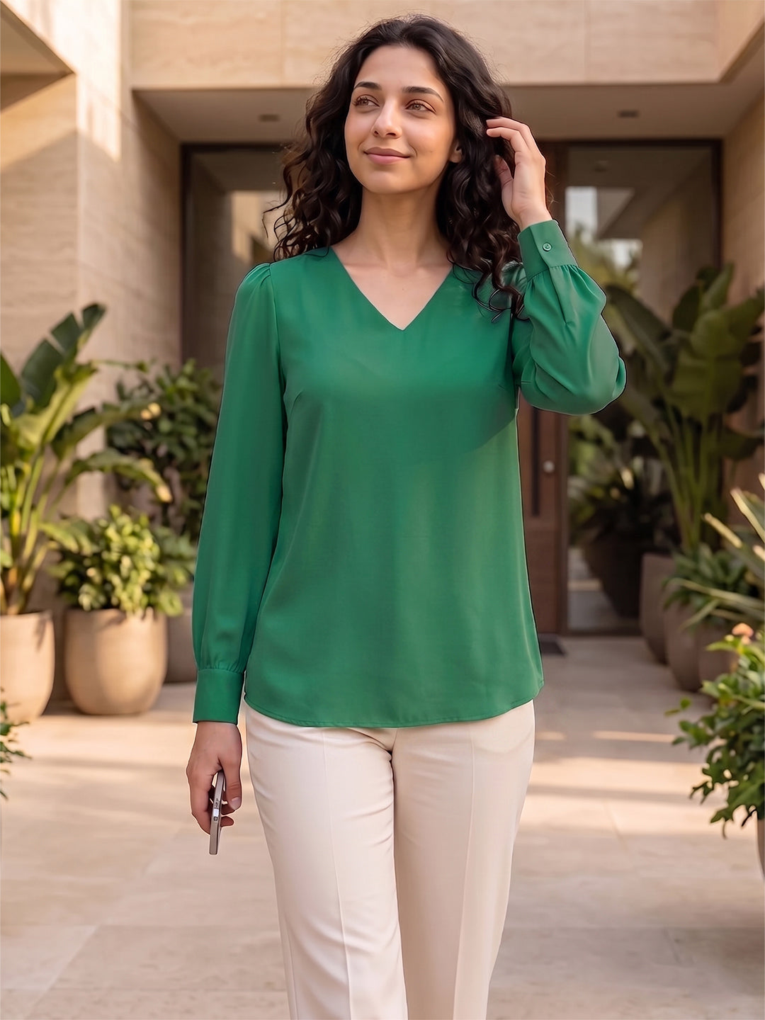 Ray Light Women’s Green Solid Crepe Blouse with V-Neck & Full Sleeves Main image