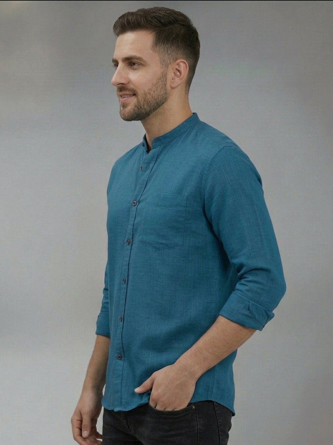 RAY LIGHT Men's Minimalist Solid Casual Shirt – Chinese Collar & Functional Chest Pocket