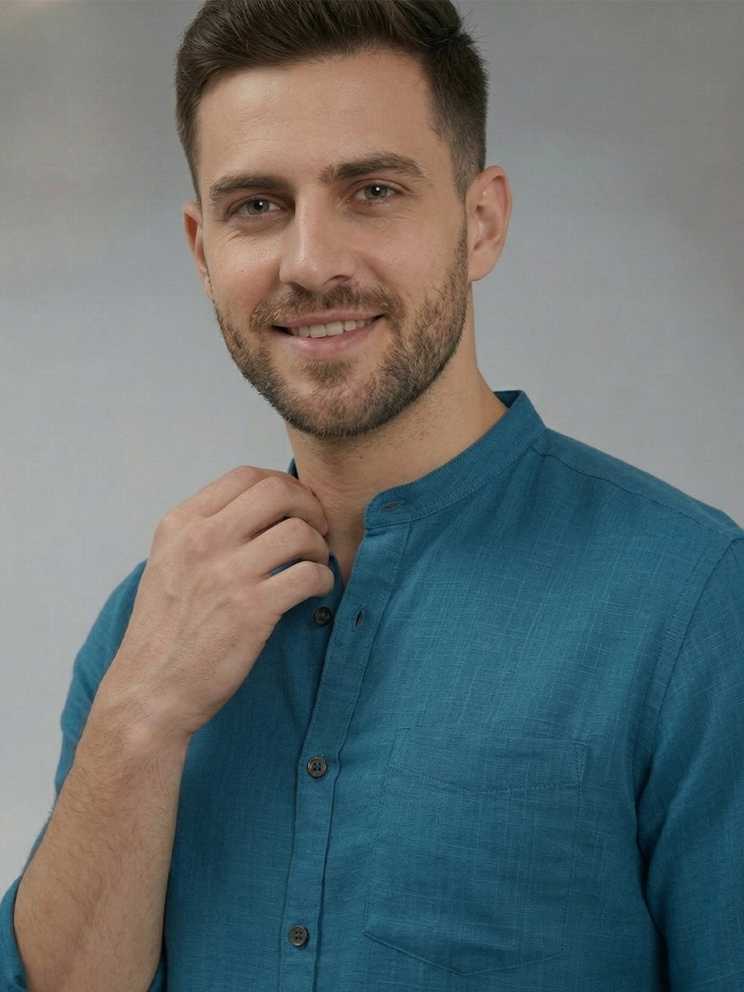 RAY LIGHT Men's Minimalist Solid Casual Shirt – Chinese Collar & Functional Chest Pocket