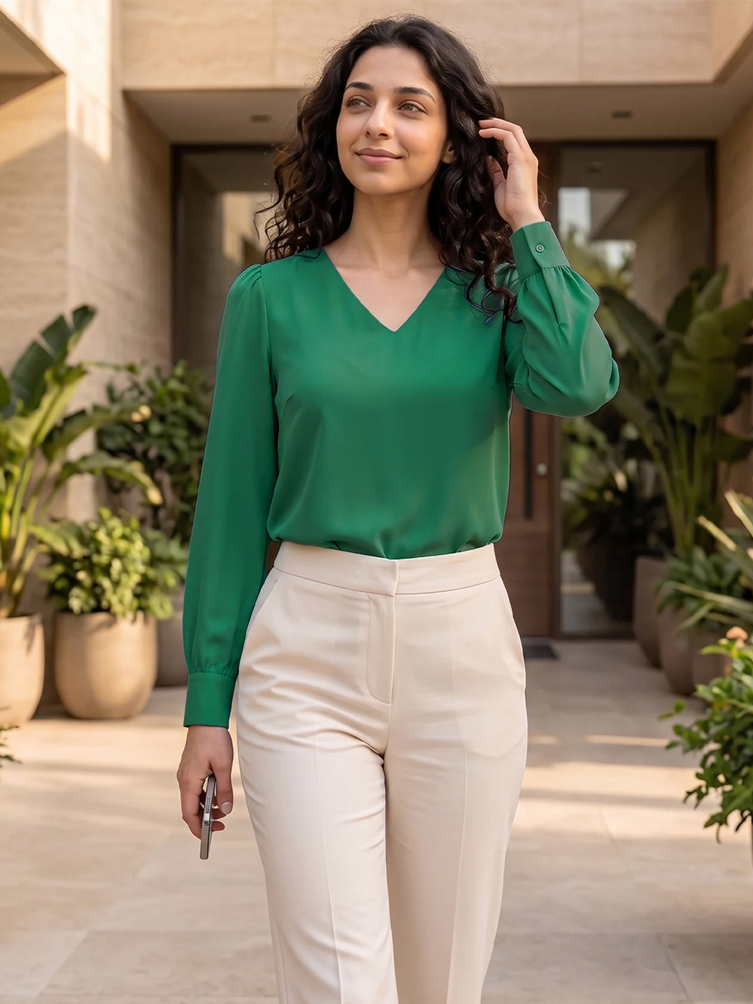 Ray Light Women’s Green Solid Crepe Blouse with V-Neck & Full Sleeves Secondary image