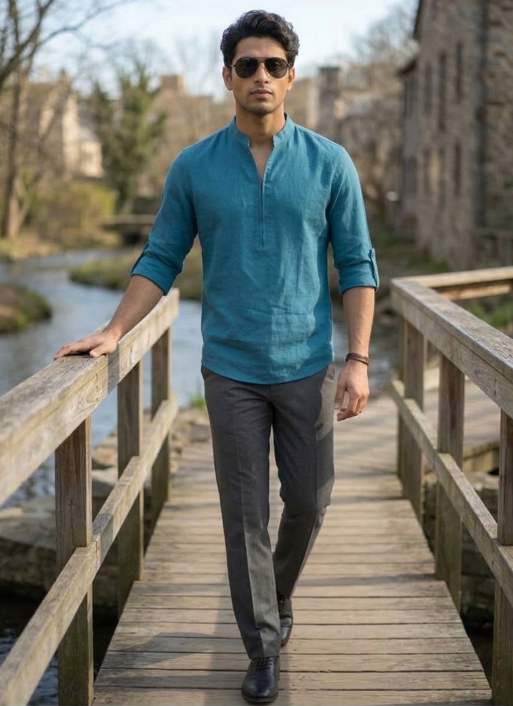 RAY LIGHT Men’s Slate Grey Modern Zip-Front Short Kurta