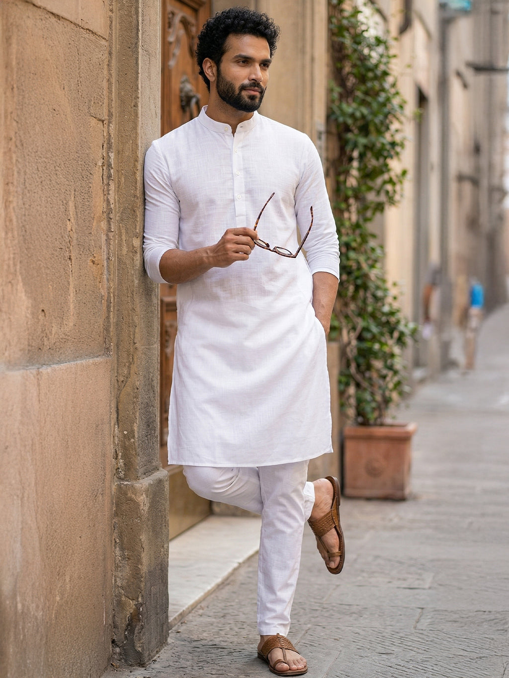 RAY LIGHT Men's Classic Solid Cotton Long Kurta – Dark Green with Dual Side Pockets