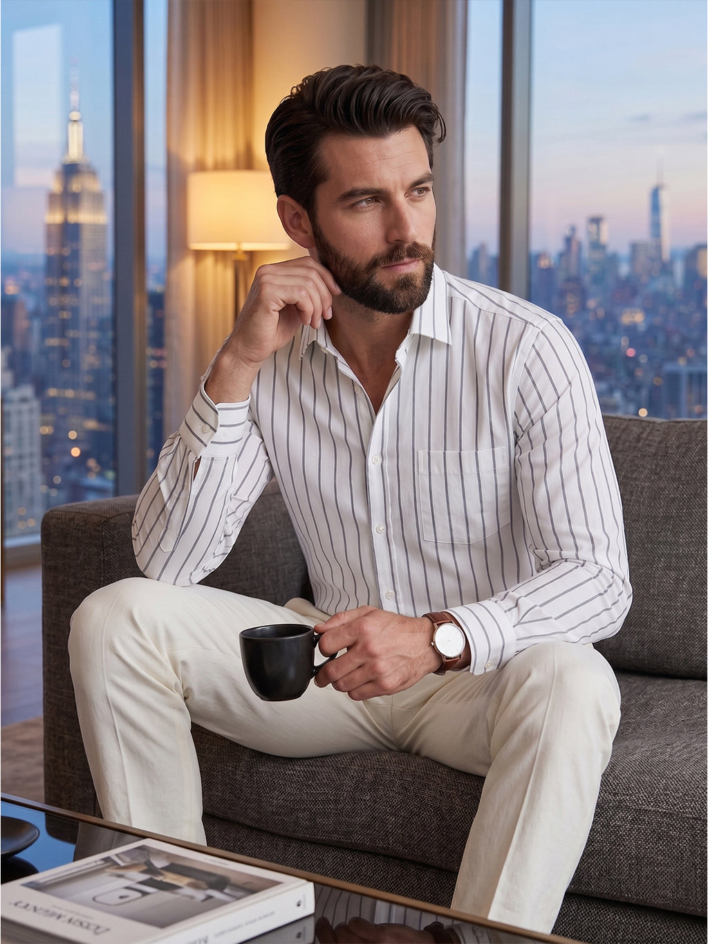 RAY LIGHT Men's Classic Vertical Stripe Cotton Shirt – Crisp White & Charcoal