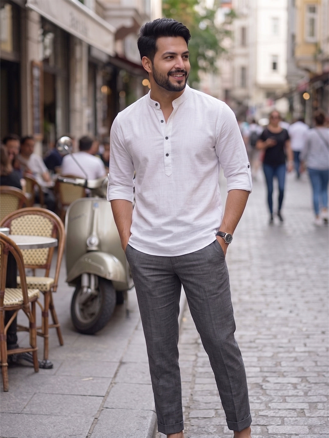 RAY LIGHT Men's Contemporary 100% Cotton Solid Short Kurta – Mandarin Collar with Roll-Up Sleeves