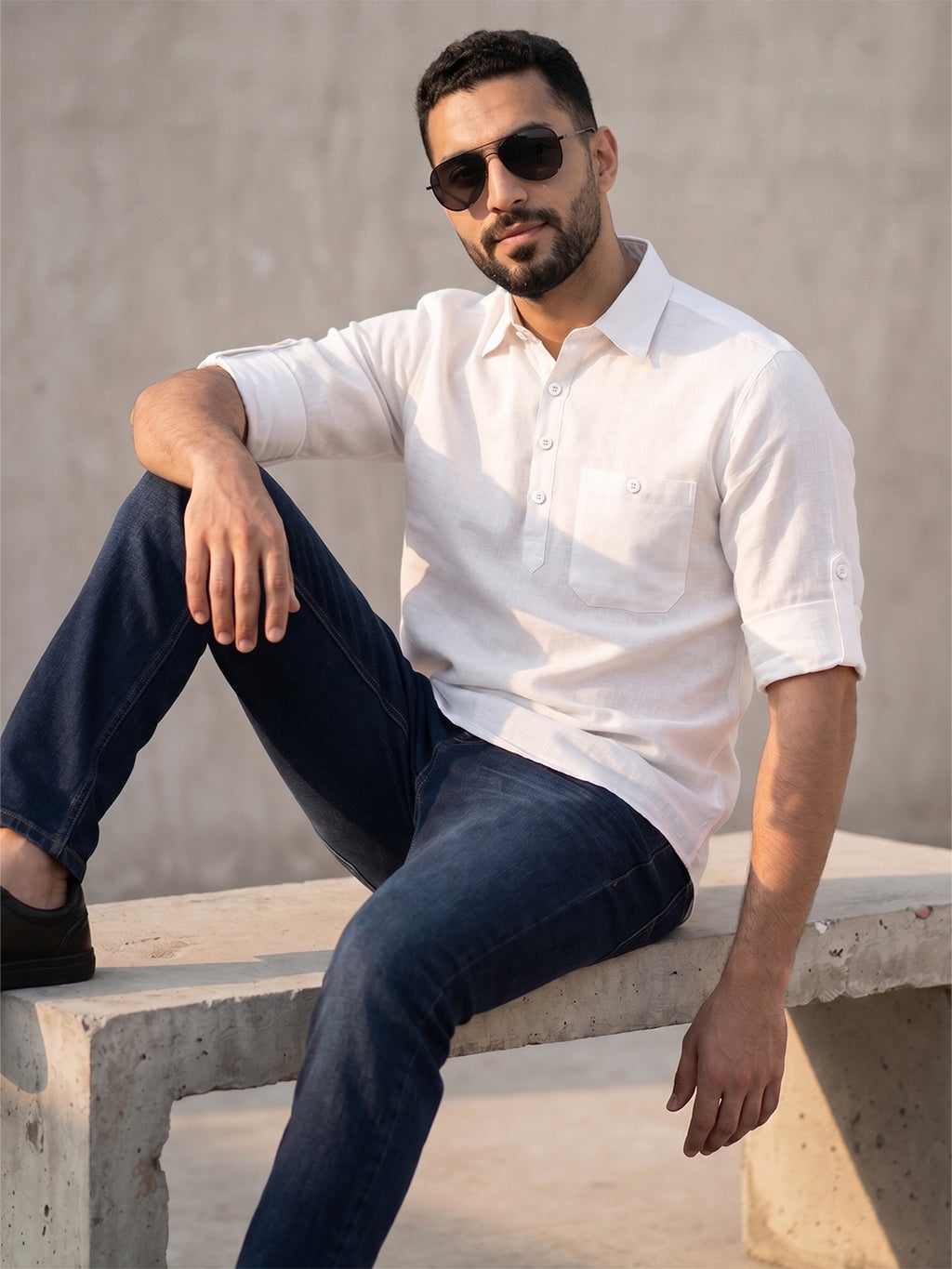 RAY LIGHT Men's Essential Solid Cotton Short Kurta – Sky Blue with Roll-Up Sleeves