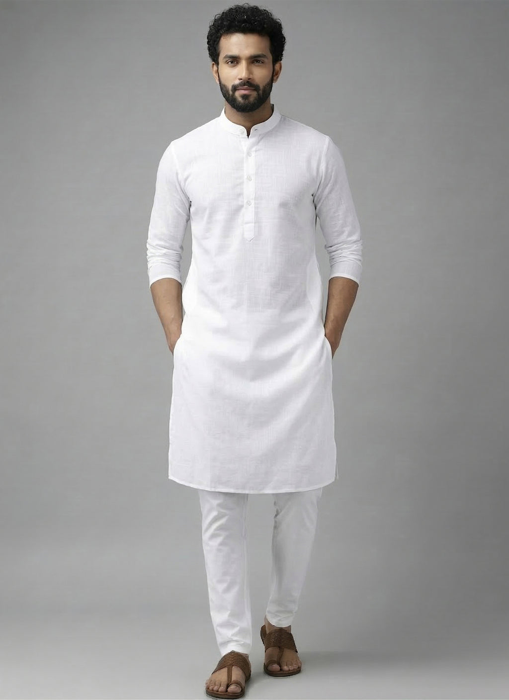 RAY LIGHT Men's Classic Solid Cotton Long Kurta – Dark Green with Dual Side Pockets