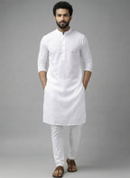 RAY LIGHT Men's Classic Solid Cotton Long Kurta – Dark Green with Dual Side Pockets